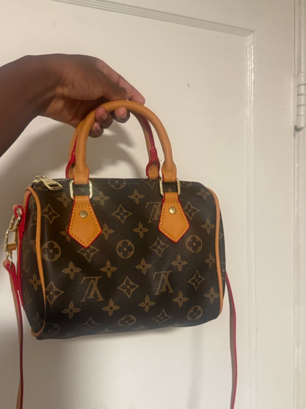 Louis Vuitton Monogram Mini Satchel in Brown with Red Trim